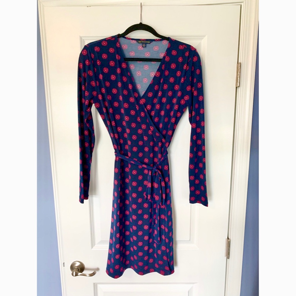Brooks Brothers Navy Wrap Dress with Pink Polka Dot Print